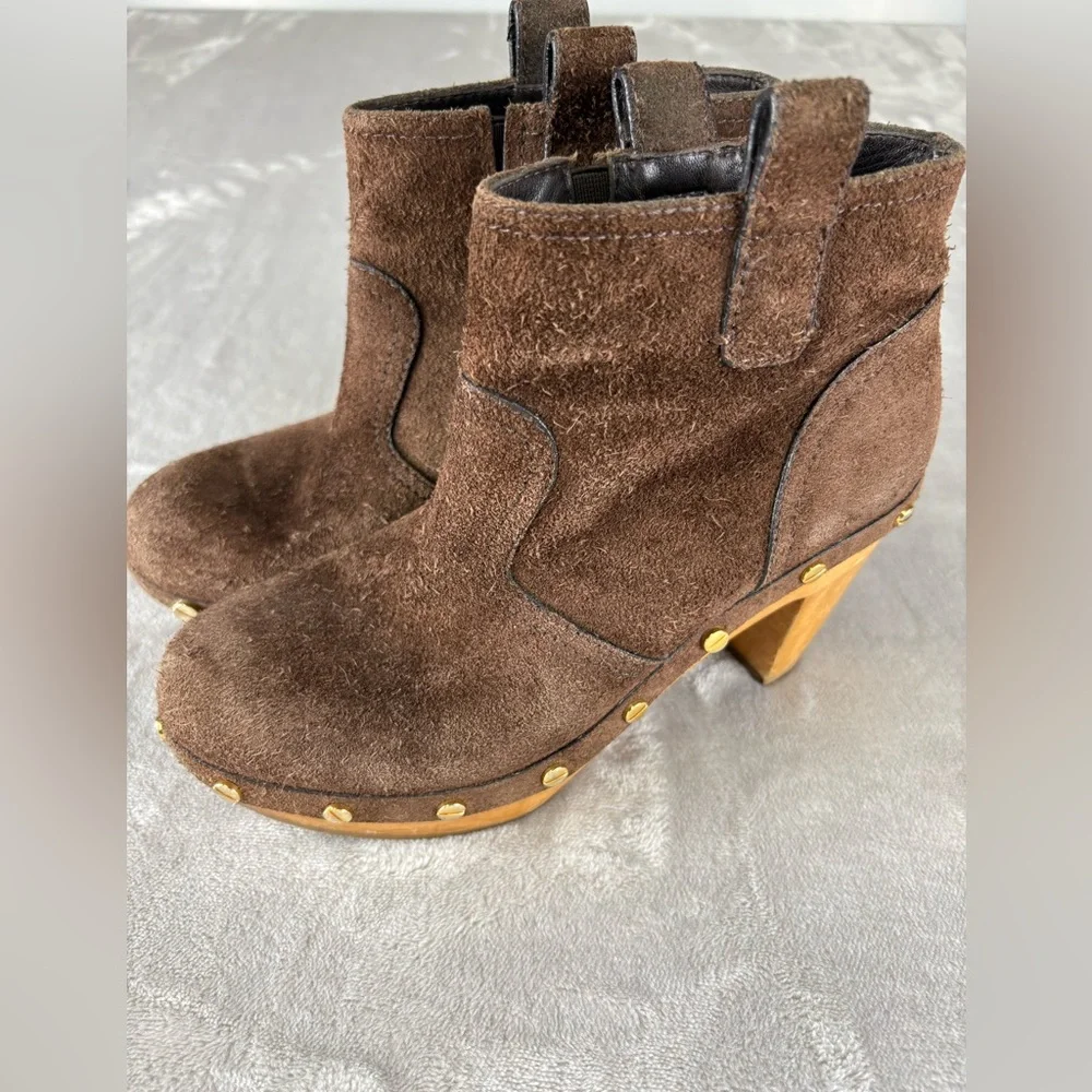 Tory Burch Suede Clog Ankle Boots Brown Wooden Heel Studded‎ Size 6 Women’s